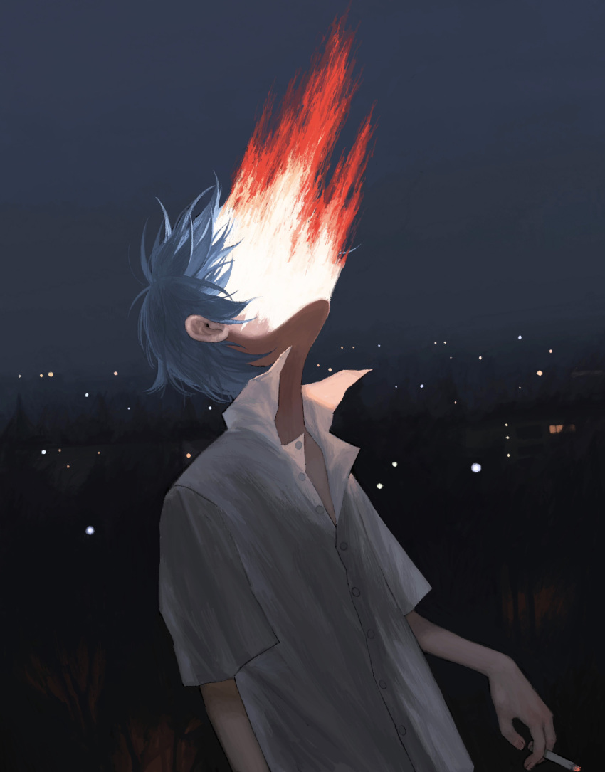 1boy absurdres arm_at_side between_fingers blue_hair burning buttons cigarette city_lights covered_face dress_shirt facing_up fire floating_hair fog highres holding holding_cigarette leaning_back light_blue_hair night original outdoors popped_collar shirt short_hair short_sleeves solo upper_body white_shirt yakito_lulu