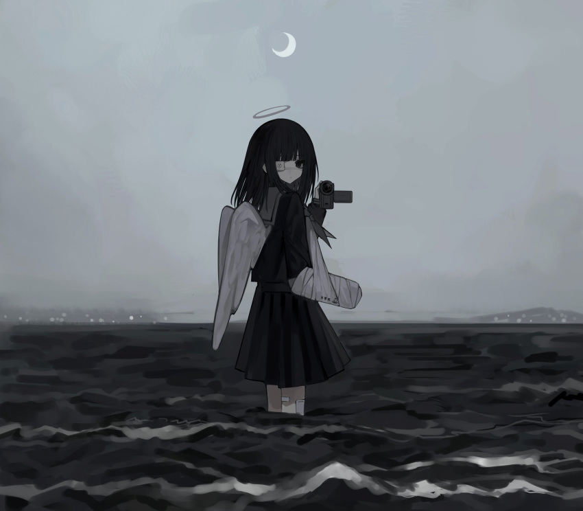 1girl angel_wings bandage_on_knee bandaged_arm bandages blunt_bangs broken_arm crescent_moon eyepatch from_behind greyscale halo hand_up highres holding_camcorder horizon long_sleeves looking_at_viewer looking_back medical_eyepatch medium_hair monochrome moon neckerchief ocean original outdoors pleated_skirt school_uniform serafuku sideways_glance skirt solo wading waves wings zi_qi_xiang