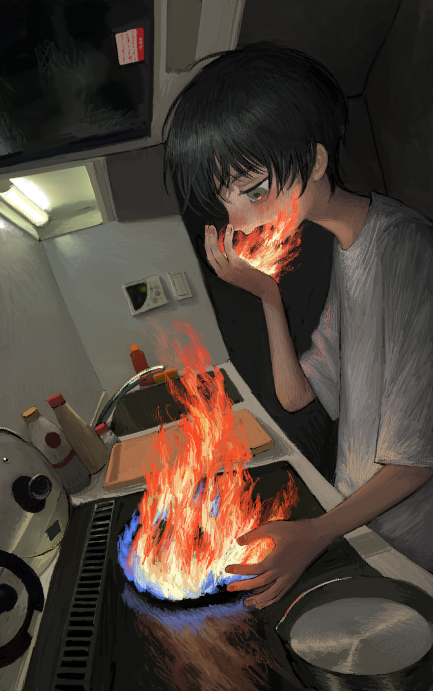 1boy absurdres black_hair blush bottle ceiling_light commentary dutch_angle eating eye_reflection faucet fire from_side frying_pan grey_eyes half-closed_eyes hand_up highres holding_flame indoors kitchen looking_down nose_blush original profile reflection shirt short_hair short_sleeves sink solo stove upper_body white_shirt yakito_lulu