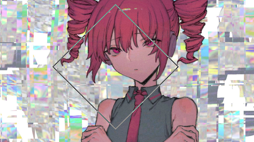 1girl abstract_background bad_id bad_twitter_id bare_shoulders closed_mouth diamond_(shape) drill_hair film_grain glitch grey_shirt hands_up headphones highres kasane_teto looking_at_viewer msb_(a47630968) multicolored_background necktie raised_eyebrows red_eyes red_necktie redhead self_hug shirt sleeveless sleeveless_shirt solo twin_drills upper_body upturned_eyes utau