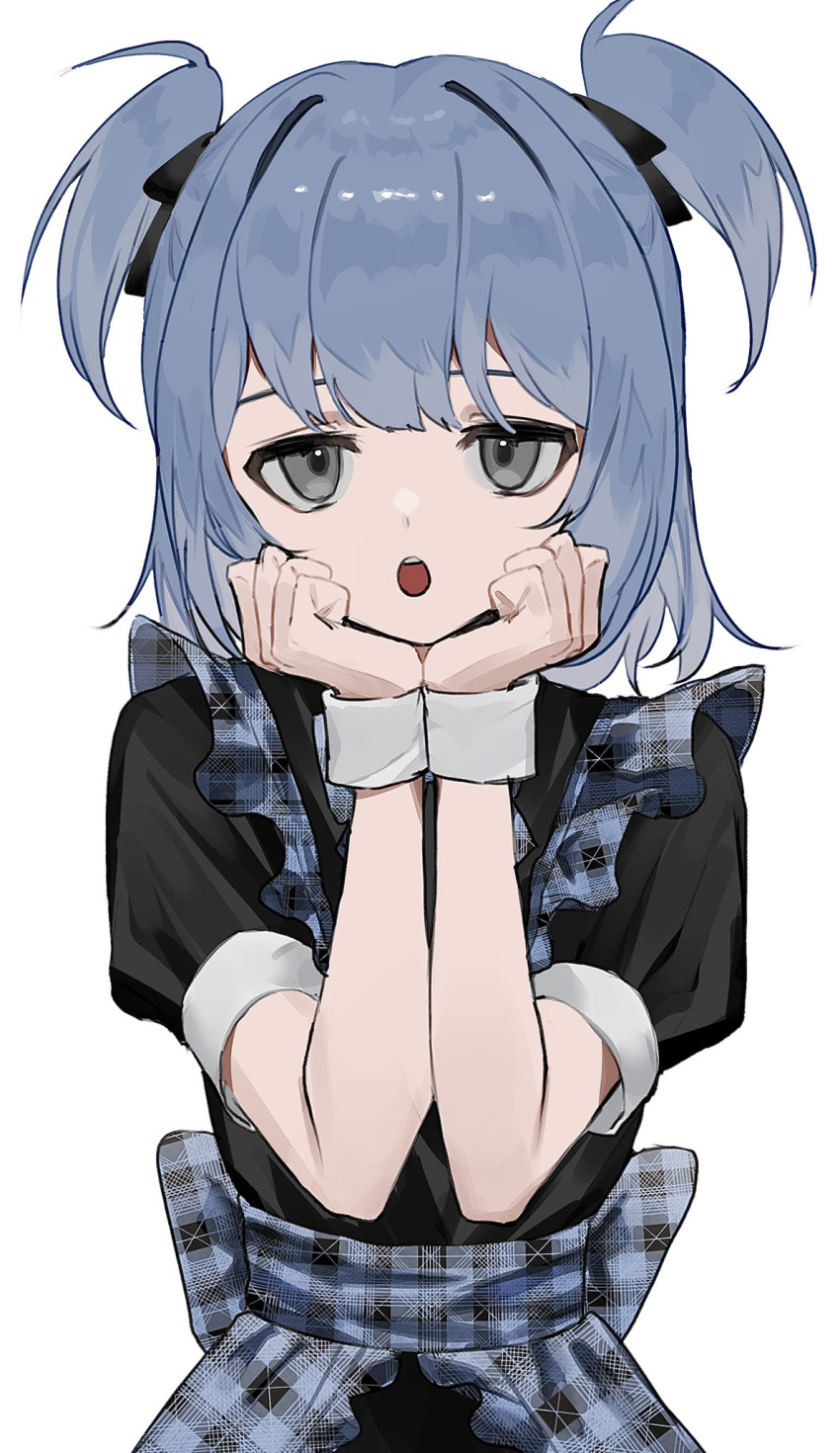 1girl black_dress black_ribbon blue_hair commentary dress grey_eyes hair_ribbon highres looking_at_viewer open_mouth original plaid ribbon short_hair short_sleeves shou_(mori_boro) simple_background solo symbol-only_commentary two_side_up upper_body white_background wrist_cuffs