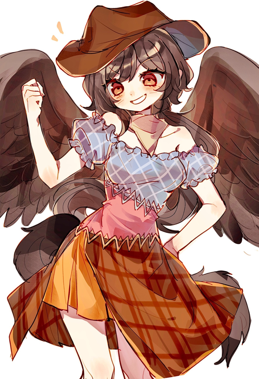 1girl :d bandana black_hair black_wings brown_headwear commentary_request cowboy_hat dress hat highres horse_tail kurokoma_saki multicolored_clothes multicolored_dress off-shoulder_dress off_shoulder open_mouth pegasus_wings red_eyes short_hair simple_background smile springarashi02 tail touhou v-shaped_eyebrows white_background wings