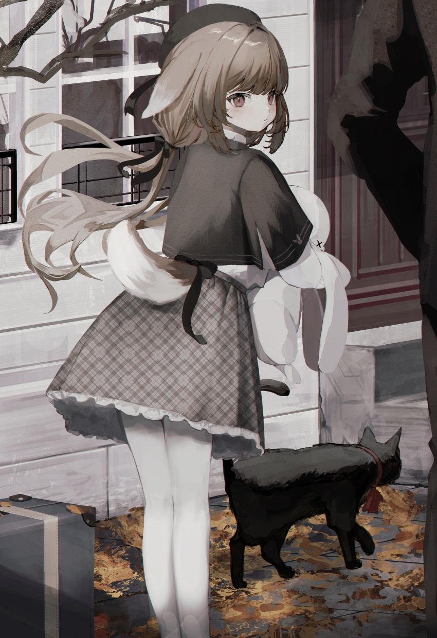 1girl 1other absurdres animal_ears black_capelet black_headwear black_ribbon blush capelet cat closed_mouth commentary feet_out_of_frame frilled_skirt frills grey_skirt hair_ribbon highres light_brown_hair long_hair long_sleeves low_twintails original out_of_frame outdoors pantyhose plaid plaid_skirt red_eyes ribbon shou_(mori_boro) skirt solo_focus stuffed_animal stuffed_toy symbol-only_commentary tail tail_ornament tail_ribbon twintails white_pantyhose