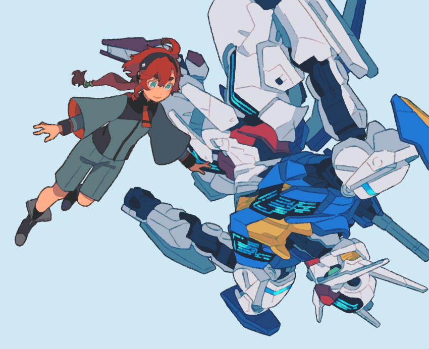 1girl aqua_eyes asticassia_school_uniform black_footwear black_hairband boots dou_(mame_eee) floating green_eyes green_jacket green_shorts grey_background gundam gundam_aerial gundam_suisei_no_majo hair_between_eyes hairband highres jacket long_hair long_sleeves low-tied_long_hair mecha mobile_suit outstretched_arms redhead robot school_uniform science_fiction shorts simple_background smile spread_arms suletta_mercury thick_eyebrows upside-down v-fin wide_sleeves