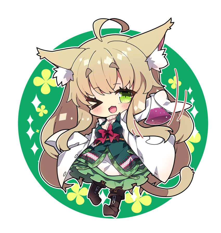 &gt;_o 1girl ;d absurdres ahoge animal_ear_fluff animal_ears boots breasts brown_footwear brown_hair cat_ears cat_girl cat_tail chibi commentary_request commission dress erlenmeyer_flask flask floral_background full_body green_background green_dress green_eyes highres labcoat long_hair long_sleeves medium_breasts milkpanda motion_lines one_eye_closed open_clothes original short_eyebrows skeb_commission sleeves_past_fingers sleeves_past_wrists smile solo standing standing_on_one_leg sweater tail thick_eyebrows turtleneck turtleneck_sweater two-tone_background very_long_hair white_background white_sweater