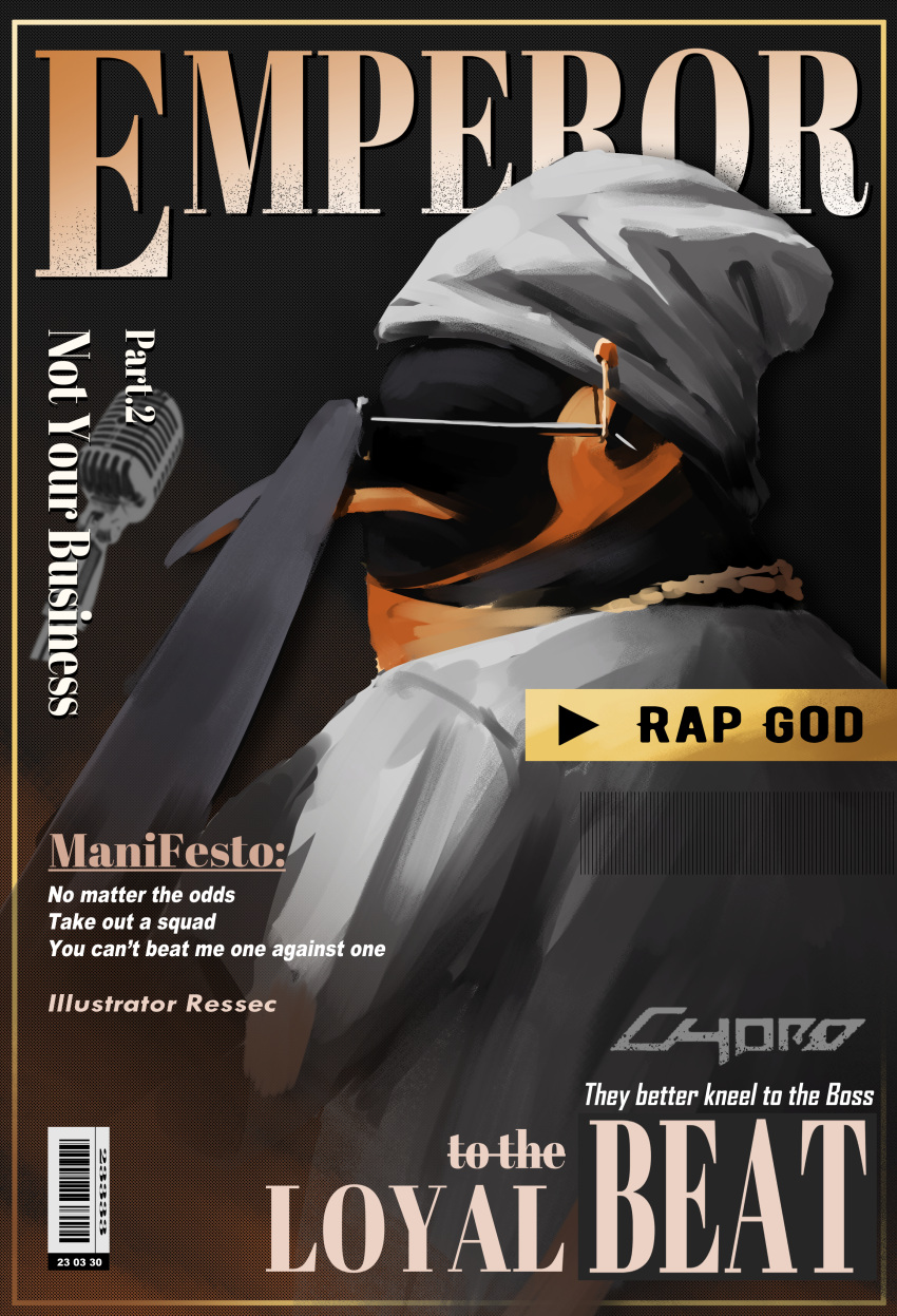 1boy absurdres arknights beak closed_mouth cover english_text fake_cover from_side furry furry_male grey_shirt highres microphone ressec shirt sunglasses the_emperor_(arknights) upper_body white_headwear