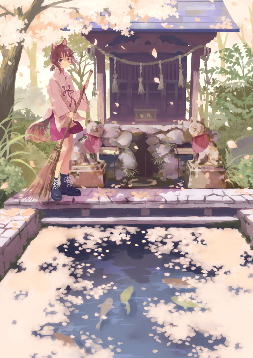 1girl absurdres animal_ears bamboo_broom boots broom cherry_blossoms cross-laced_footwear highres holding holding_broom inoue_haruka_(haruharu210) japanese_clothes koi miko original pond short_hair shrine tail