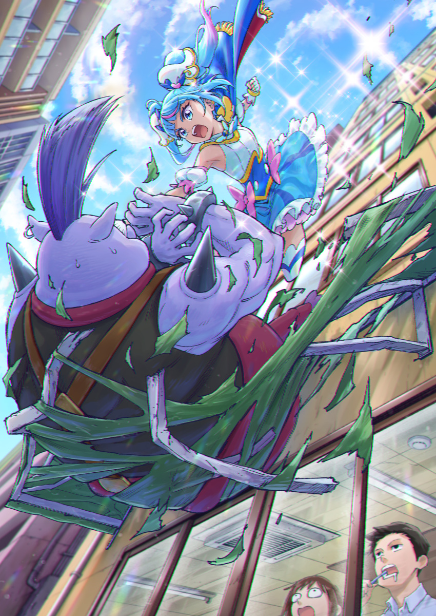 2boys 2girls absurdres battle black_hair blue_eyes blue_hair brown_hair building cape clouds cure_sky debris falling fingerless_gloves frills gloves highres hirogaru_sky!_precure itou_shin'ichi kabaton_(precure) long_hair magical_girl mohawk multicolored_hair multiple_boys multiple_girls open_mouth pink_hair precure punching raised_fist shirt skirt sky sleeveless sleeveless_shirt sora_harewataru streaked_hair