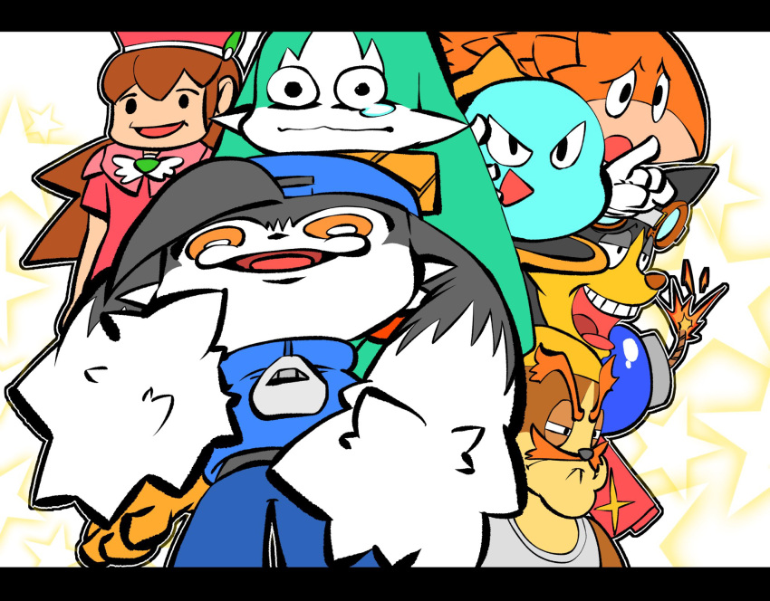 blue_headwear character_request furry furry_male guntz highres huepow kaze_no_klonoa klonoa lolo_(klonoa) looking_at_viewer mossan_(mormormorpheus) pink_headwear simple_background smile yellow_eyes yellow_headwear