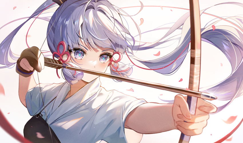 1girl absurdres archery archery_shooting_glove arrow_(projectile) blue_eyes bow_(weapon) drawing_bow floating_hair flower_knot genshin_impact gloves grey_hair hair_ribbon highres holding holding_arrow holding_bow_(weapon) holding_weapon kamisato_ayaka kokonex kyuudou long_hair muneate partially_fingerless_gloves petals ribbon short_sleeves simple_background single_glove solo tress_ribbon weapon wind yugake