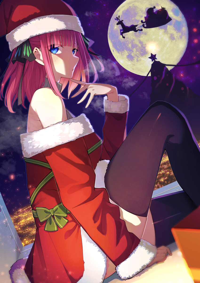 1girl ;d absurdres arm_at_side bare_shoulders black_ribbon black_thighhighs blue_eyes blunt_bangs blurry blush bow butterfly_hair_ornament christmas christmas_tree cityscape commentary depth_of_field dress dutch_angle english_commentary eyes_visible_through_hair finger_to_own_chin full_moon fur-trimmed_dress fur-trimmed_sleeves fur_trim go-toubun_no_hanayome green_bow green_ribbon hair_ornament hair_ribbon half_updo hand_up hat highres indoors knee_up light_particles long_sleeves medium_hair mixed-language_commentary moon nakano_nino night nose one_eye_closed parted_lips pink_hair reindeer ribbon santa_costume santa_dress santa_hat short_dress sidelocks sideways_glance sitting smile solo straight_hair tamago_sando thigh-highs thighs zettai_ryouiki