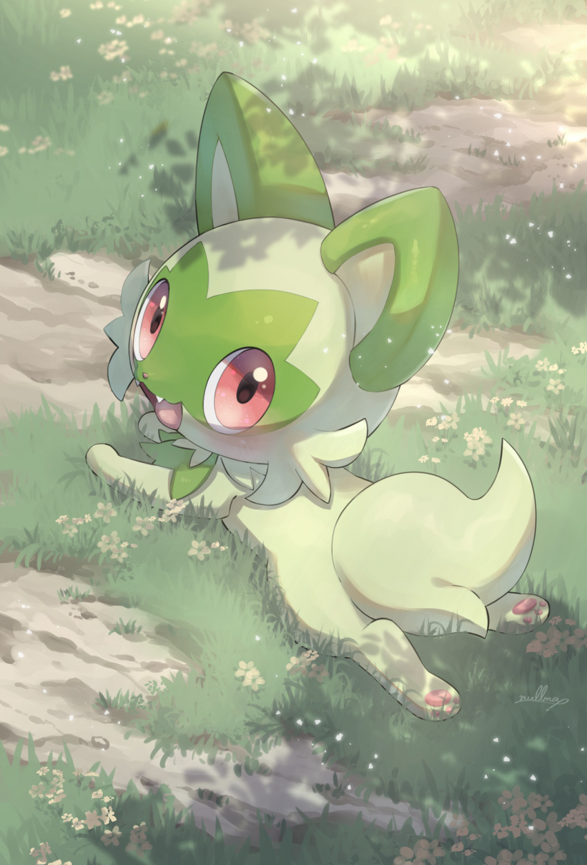 :d commentary_request day fangs grass highres looking_back lying no_humans nullma on_stomach open_mouth outdoors pink_eyes pokemon pokemon_(creature) shadow smile solo sprigatito tongue