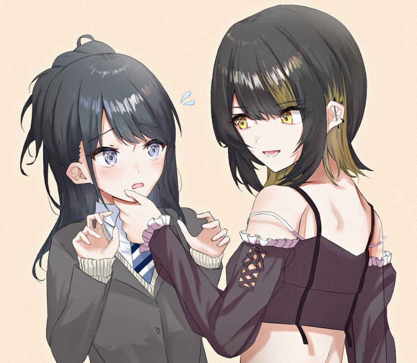 2girls black_hair blonde_hair blue_eyes hand_on_another's_chin highres idolmaster idolmaster_shiny_colors ikaruga_luca kazano_hiori long_hair looking_at_another ma7bell medium_hair multicolored_hair multiple_girls open_mouth ponytail simple_background swept_bangs upper_body yellow_eyes