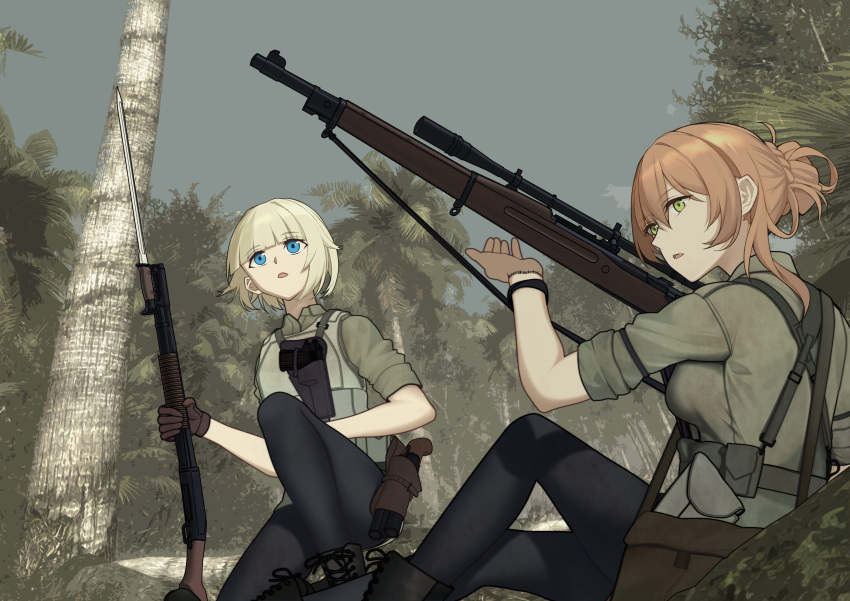 2girls absurdres blonde_hair blue_eyes bolt_action breasts brown_gloves brown_hair call_of_duty call_of_duty:_world_at_war day forest girls_frontline gloves green_eyes green_shirt gun hair_between_eyes hair_bun highres holding holding_gun holding_weapon large_breasts long_hair m1897_(girls'_frontline) m1903_springfield macayase military military_uniform multiple_girls nature open_mouth outdoors palm_tree pump_action rifle scope shirt short_hair short_sleeves shotgun springfield_(girls'_frontline) tree uniform weapon winchester_model_1897 world_war_ii