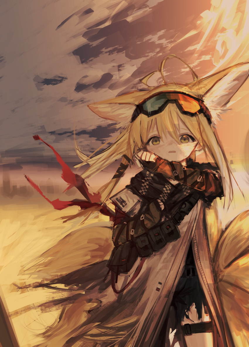 1girl animal_ears arknights arm_belt arm_ribbon asymmetrical_pants belt belt_pouch black_pants black_scarf blonde_hair brown_gloves clenched_hands clouds cloudy_sky coat commentary elbow_gloves extra_tails feet_out_of_frame fingerless_gloves floating_hair fox_ears fox_tail gloves goggles goggles_on_head hand_on_own_chest hand_up highres ic_(iccccccccc81) kitsune layered_sleeves long_sleeves looking_at_viewer official_alternate_costume open_mouth outdoors pants pouch red_ribbon ribbon sand scarf short_over_long_sleeves short_sleeves shoulder_belt sidelighting sky skyline solo standing sunset suzuran_(arknights) suzuran_(lostlands_flowering)_(arknights) tail torn_clothes torn_pants utility_belt white_coat wiping_face yellow_eyes