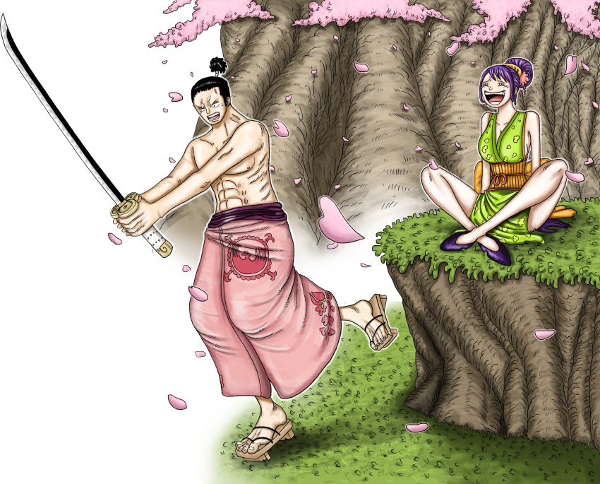 1boy 1girl absurdres black_hair closed_eyes crossed_legs full_body highres holding holding_sword holding_weapon japanese_clothes jaralloart katana momonosuke_(one_piece) one_piece open_mouth purple_hair sitting smile sword tama_(one_piece) weapon