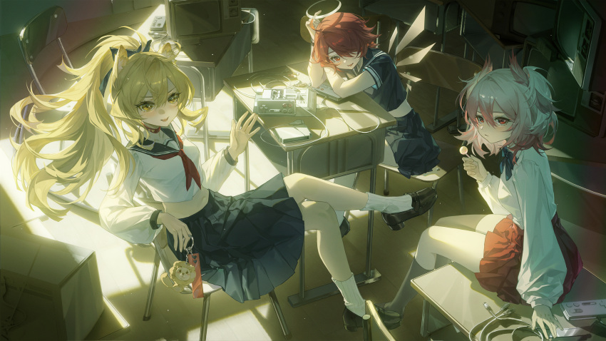 3girls absurdres aged_down alternate_costume animal_ears arknights black_bow black_bowtie black_footwear black_skirt black_socks blonde_hair bow bowtie candy chair choker closed_mouth commentary_request controller crossed_legs desk energy_wings exusiai_(arknights) fiammetta_(arknights) food game_cartridge game_console game_controller halo highres holding holding_candy holding_charm holding_food holding_lollipop indoors kneehighs lion_ears lion_girl loafers lollipop long_hair long_sleeves multiple_girls neckerchief on_desk open_mouth pink_hair ponytail red_choker red_eyes red_neckerchief red_skirt redhead sailor_collar school_desk school_uniform serafuku shirt shoes siege_(arknights) sitting sitting_on_desk skirt smile socks television tuzhate unplugged white_shirt white_socks yellow_eyes