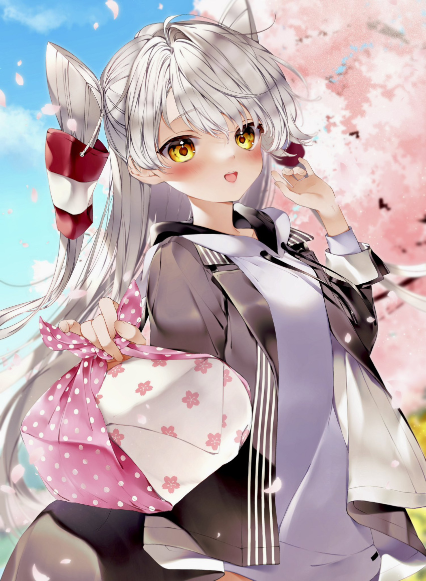 1girl amatsukaze_(kancolle) black_jacket blush cherry_blossoms day grey_hair grey_hoodie hair_tubes highres holding hood hoodie irokiiro jacket kantai_collection long_hair long_sleeves open_clothes open_jacket open_mouth outdoors petals smile solo spring_(season) two_side_up upper_body yellow_eyes