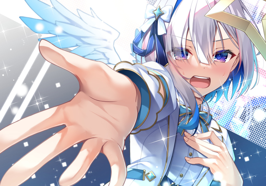 1girl absurdres amane_kanata blue_hair bow buttons feathered_wings hair_ribbon hand_on_own_chest highres hololive hololive_idol_uniform_(bright) looking_at_viewer multicolored_hair music open_mouth reaching_towards_viewer ribbon shimo_(shimo332215) singing solo streaked_hair violet_eyes virtual_youtuber white_hair wings