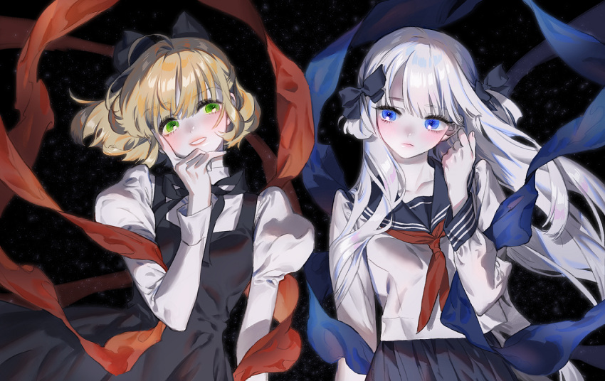 2girls ahoge black_background blonde_hair blue_eyes bow commission dress frown green_eyes hagoromo hair_bow half_updo hand_on_own_face hand_up juliet_sleeves long_hair long_sleeves looking_at_another looking_to_the_side multiple_girls neck_ribbon neckerchief original pinafore_dress pleated_skirt puffy_sleeves ribbon school_uniform serafuku shawl short_hair short_twintails skirt smile sottan_(wowo0owow) twintails two_side_up upper_body white_hair wind