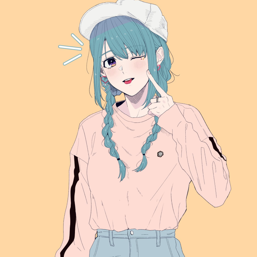 1girl 34fa11inlove :p alternate_costume arm_at_side baseball_cap blue_hair blue_pants blush braid buttons earrings finger_to_cheek hat head_tilt heart heart_earrings highres jewelry kasane_ao long_sleeves magia_record:_mahou_shoujo_madoka_magica_gaiden mahou_shoujo_madoka_magica notice_lines one_eye_closed pants pink_shirt ring shirt sidelocks solo swept_bangs teeth tongue tongue_out twin_braids upper_body upper_teeth_only violet_eyes white_headwear yellow_background