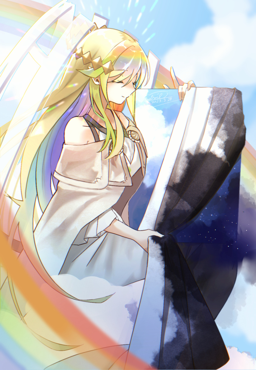 1girl bare_shoulders chromatic_aberration closed_eyes clouds dated dress duel_monster highres holding_painting index_finger_raised long_hair long_sleeves multicolored_hair painting_(object) pointy_ears rainbow rainbow_hair seatail signature sitting solo the_weather_painter_rainbow yu-gi-oh!