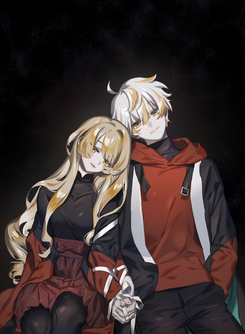 1boy 1girl ahoge black_background blonde_hair commission hand_in_pocket head_tilt high-waist_skirt high_collar highres holding_hands hood hood_down hoodie jacket jacket_partially_removed leaning_on_person long_hair looking_at_viewer multicolored_hair original pantyhose ribbon scratches short_hair sitting skirt smile sottan_(wowo0owow) streaked_hair turtleneck wavy_hair white_hair yellow_eyes
