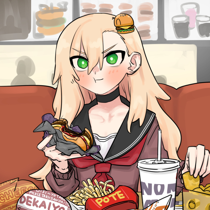1girl asymmetrical_bangs black_choker black_sailor_collar blonde_hair blush bright_pupils brown_shirt burger chewing chicken_nuggets choker collarbone commentary_request cup disposable_cup fast_food food food_bite french_fries full_mouth green_eyes highres holding holding_food indoors long_hair long_sleeves looking_at_viewer matangom matangomu-chan menu_board neckerchief on_chair original red_neckerchief restaurant sailor_collar sanpaku school_uniform serafuku shirt silhouette sitting solo_focus upper_body v-shaped_eyebrows white_pupils