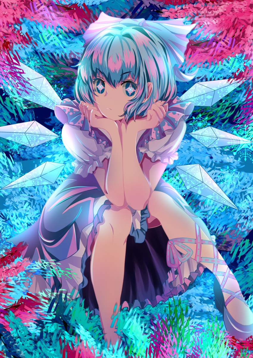 1girl absurdres blue_bow blue_dress blue_eyes blue_footwear blue_hair bow cirno closed_mouth detached_wings dress foot_out_of_frame frilled_dress frilled_sleeves frills hair_bow hands_on_own_chin head_rest highres kinosuke_(pixiv11213139) no_socks pinafore_dress puffy_short_sleeves puffy_sleeves shirt short_hair short_sleeves solo symbol-shaped_pupils touhou white_shirt wings