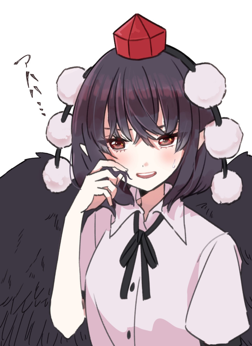 1girl black_hair black_ribbon black_wings blush collared_shirt hat highres open_mouth pom_pom_(clothes) red_eyes red_headwear ribbon shameimaru_aya shirt short_hair short_sleeves shouko_(airen) simple_background solo tokin_hat touhou upper_body white_background wings