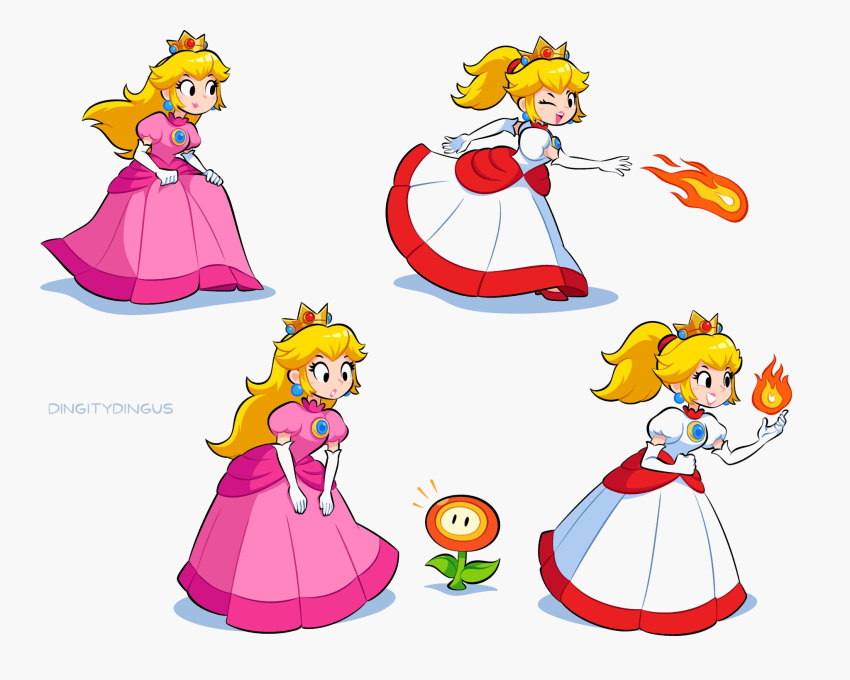 1girl artist_name blonde_hair crown dress earrings elbow_gloves fire fire_flower fire_flower_(transformation) fire_peach full_body gem gloves hair_between_eyes hand_up high_heels highres jewelry long_hair looking_to_the_side one_eye_closed open_mouth pink_dress ponytail princess_peach puffy_short_sleeves puffy_sleeves shadow short_sleeves solo super_mario_3d_world super_mario_bros. vinny_(dingitydingus) white_background white_dress white_gloves
