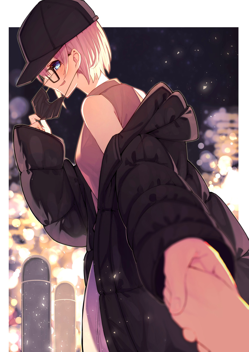 1girl :p absurdres black-framed_eyewear black_coat black_headwear black_mask blue_eyes blurry blurry_background blush casual cityscape coat commentary depth_of_field from_side glasses go-toubun_no_hanayome hair_between_eyes hand_up hat highres holding_hands light_particles long_sleeves mask_pull nakano_ichika peaked_cap pink_hair pov pov_hands profile reaching_towards_viewer shirt short_hair sleeveless sleeveless_shirt solo_focus tamago_sando tongue tongue_out upper_body