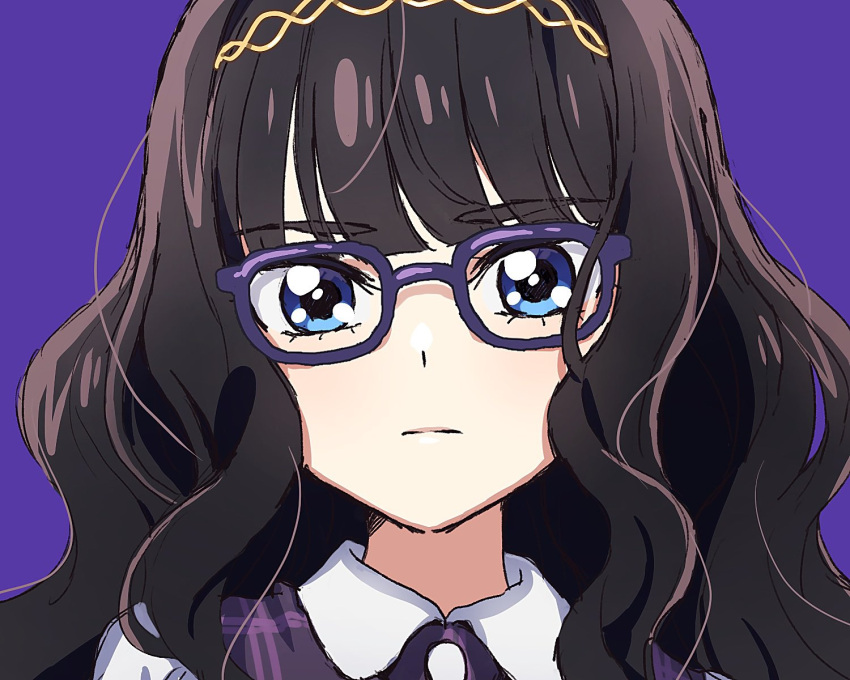 1girl black_hair blue_eyes blunt_bangs commentary delicious_party_precure glasses gold_headband highres kasai_amane long_hair looking_at_viewer precure purple-framed_eyewear purple_background simple_background solo yufu_kyouko