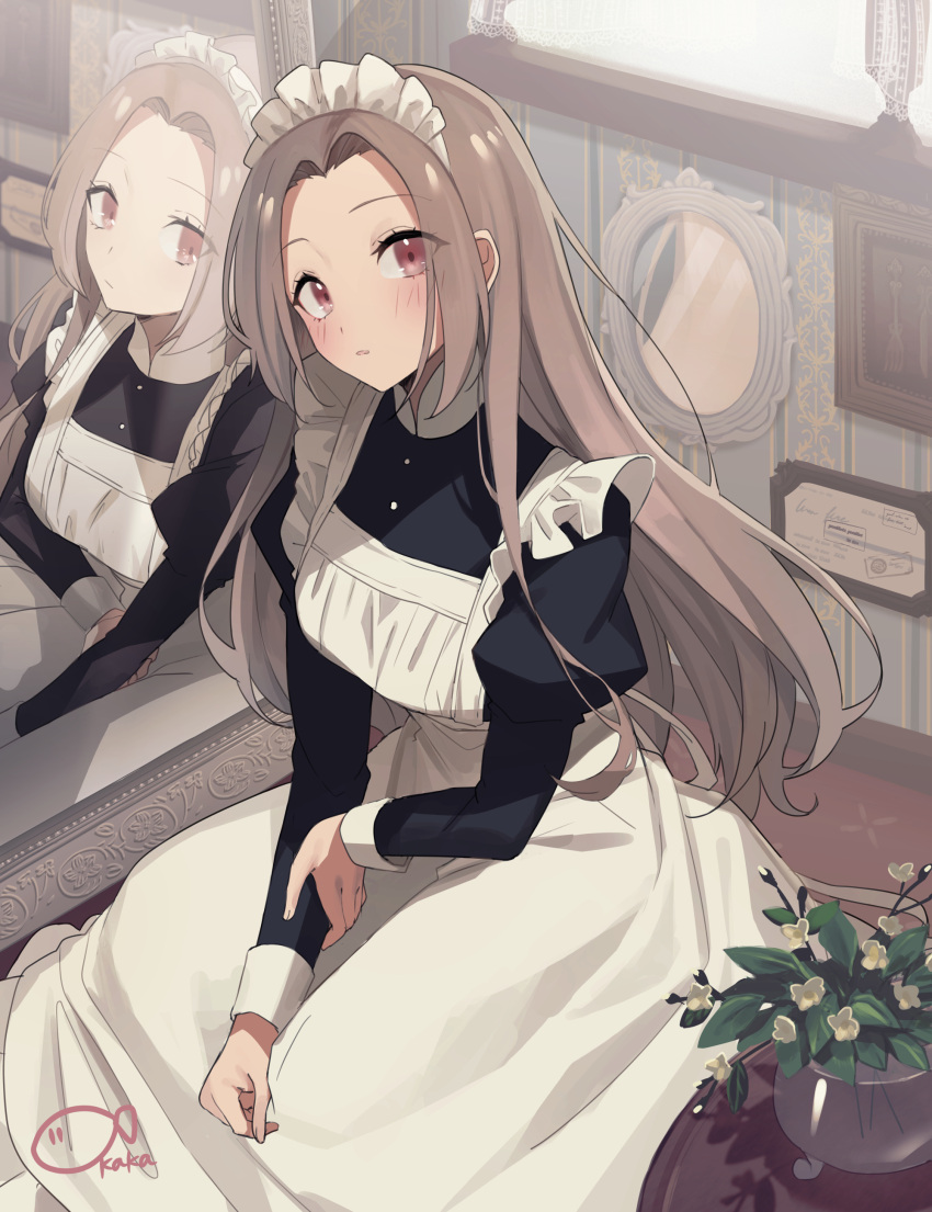 1girl absurdres apron blush breasts brown_hair dress eyebrows_hidden_by_hair highres indoors long_hair looking_at_viewer maid maid_apron maid_headdress mirror okakasushi open_mouth original red_eyes reflection sitting solo