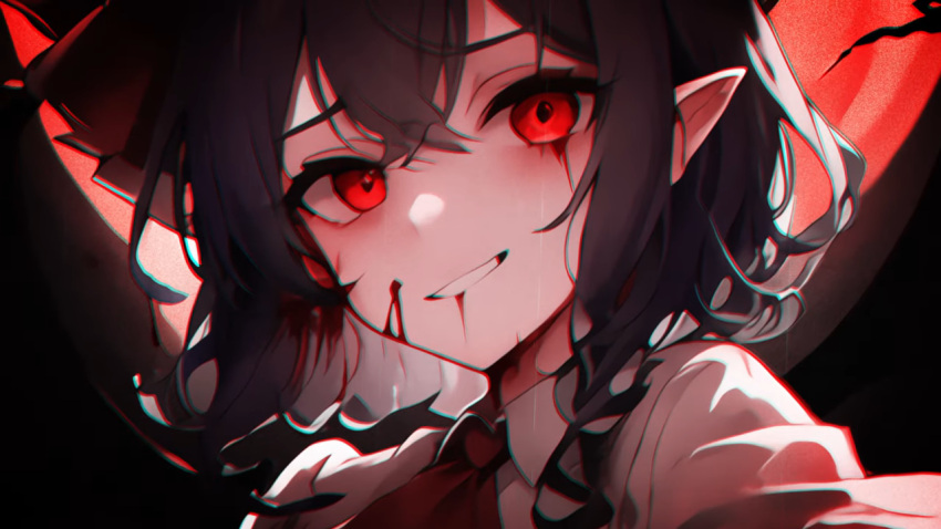 1girl artist_request blood blood_on_face character_request close-up copyright_request grin looking_at_viewer non-web_source red_eyes short_hair smile solo source_request upper_body wavy_hair