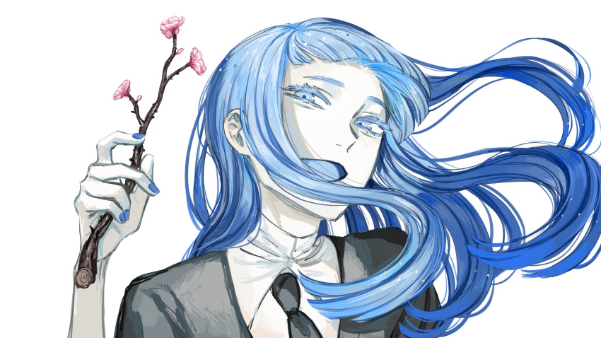 1girl absurdres black_jacket black_necktie blue_eyes blue_hair blue_nails branch flower formal highres holding holding_branch houseki_no_kuni iciriini jacket lapis_lazuli_(houseki_no_kuni) long_hair necktie shirt smile solo suit white_background white_shirt