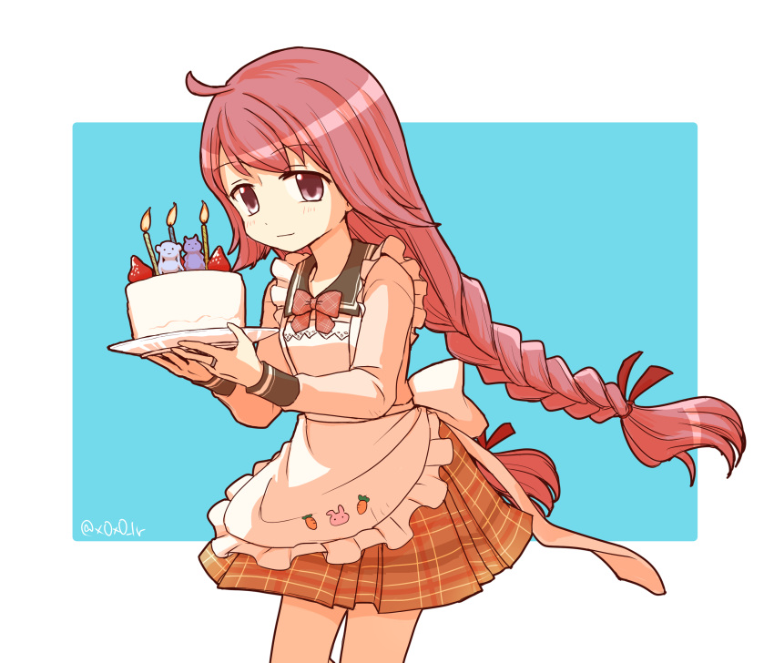 1girl absurdres ahoge apron back_bow blue_background bow bowtie braid cake candle cowboy_shot food frilled_apron frills fruit hair_ribbon highres himuro_rabi holding holding_plate iwakiriyama_high_school_uniform jewelry lit_candle long_sleeves looking_at_viewer low-braided_long_hair low_twin_braids magia_record:_mahou_shoujo_madoka_magica_gaiden mahou_shoujo_madoka_magica maid_apron miniskirt orange_bow orange_bowtie orange_shirt orange_skirt pink_hair plaid plaid_bow plaid_bowtie plaid_skirt plate pleated_skirt red_ribbon ribbon ring rioran satomi_nayuta school_uniform shirt sidelocks skirt smile solo strawberry swept_bangs twin_braids twintails twitter_username white_apron white_bow wing_collar yakumo_mikage
