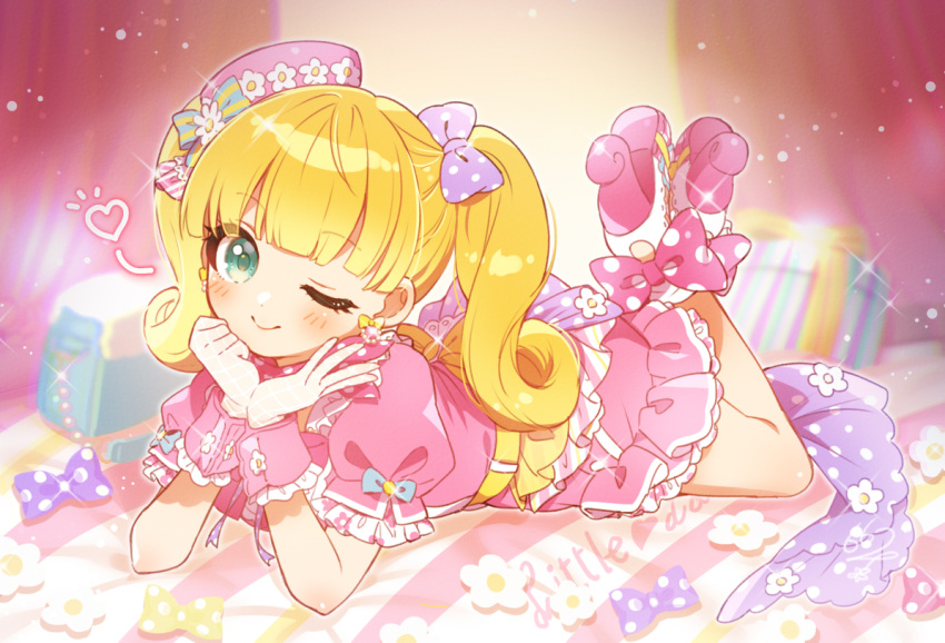 1girl bag blonde_hair blue_ribbon blush bow box closed_mouth curtains dot_nose dress dress_bow flower frilled_dress frills gift gift_box green_eyes hat head_rest heart high_heels idolmaster idolmaster_cinderella_girls idolmaster_cinderella_girls_starlight_stage legs_up long_hair looking_at_viewer lying mary_cochran mini_hat natsumi_(natumi06) on_bed on_stomach one_eye_closed pink_dress pink_headwear pink_ribbon polka_dot polka_dot_ribbon purple_ribbon ribbon short_sleeves smile solo twintails wrist_cuffs yellow_ribbon