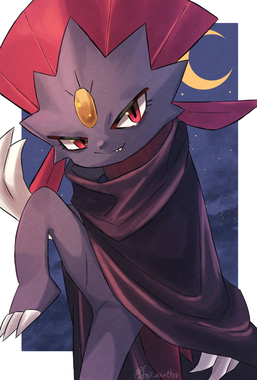 border claws cloak closed_mouth commentary_request crescent_moon eyelashes fangs fangs_out highres katsukare leg_up moon no_humans pokemon pokemon_(creature) red_eyes smile solo weavile white_border