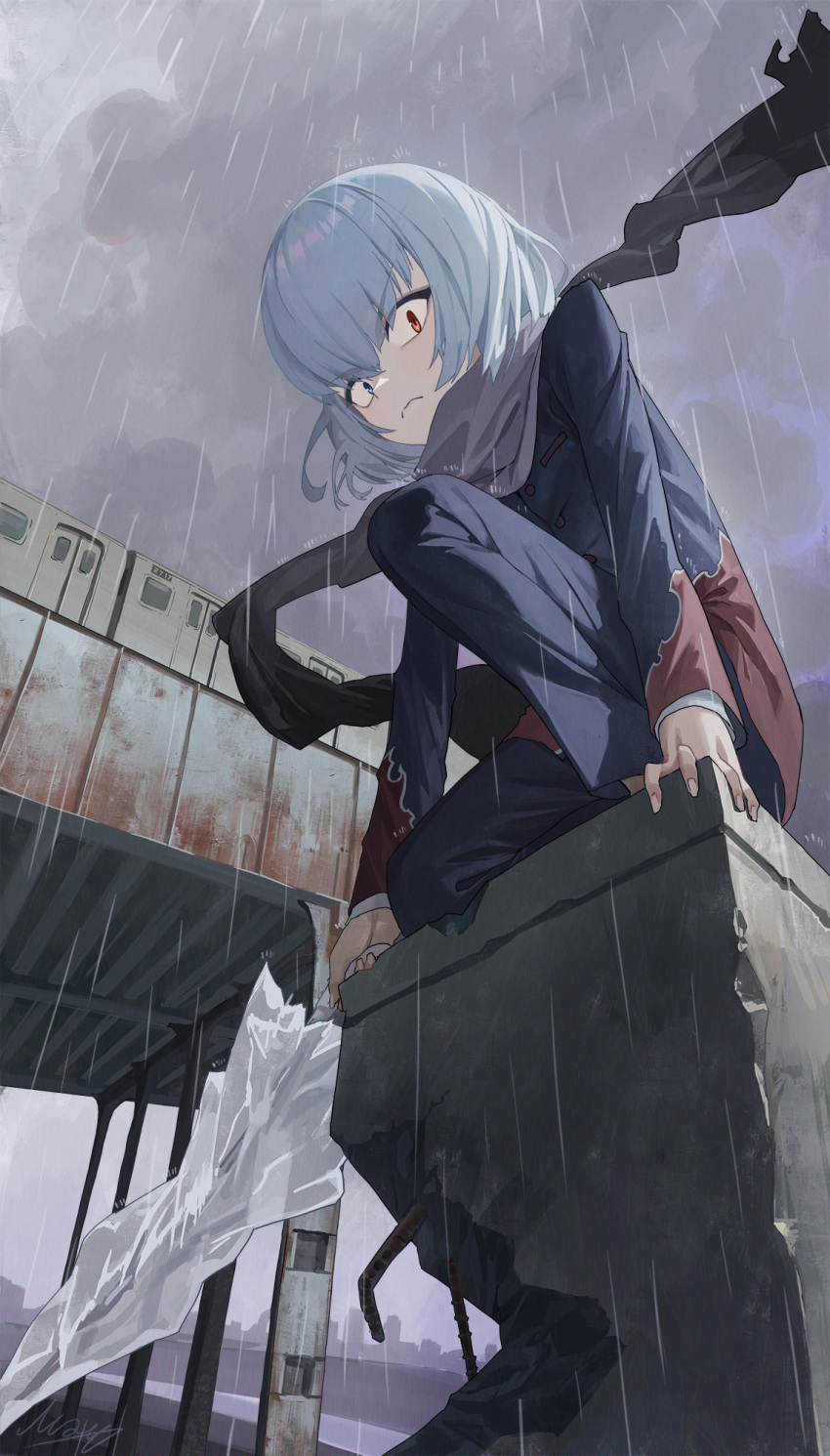 1boy anti_(ssss.gridman) black_scarf blue_eyes blue_jacket blue_pants bob_cut cityscape clouds cloudy_sky commentary flame_print from_below frown gakuran grey_hair gridman_universe heterochromia highres holding holding_umbrella jacket long_sleeves looking_at_viewer m.q_(mqkyrie) male_focus multicolored_clothes multicolored_jacket outdoors pants rain rebar red_eyes red_jacket scarf school_uniform shirt short_hair signature sky solo squatting ssss.gridman two-tone_jacket umbrella white_shirt