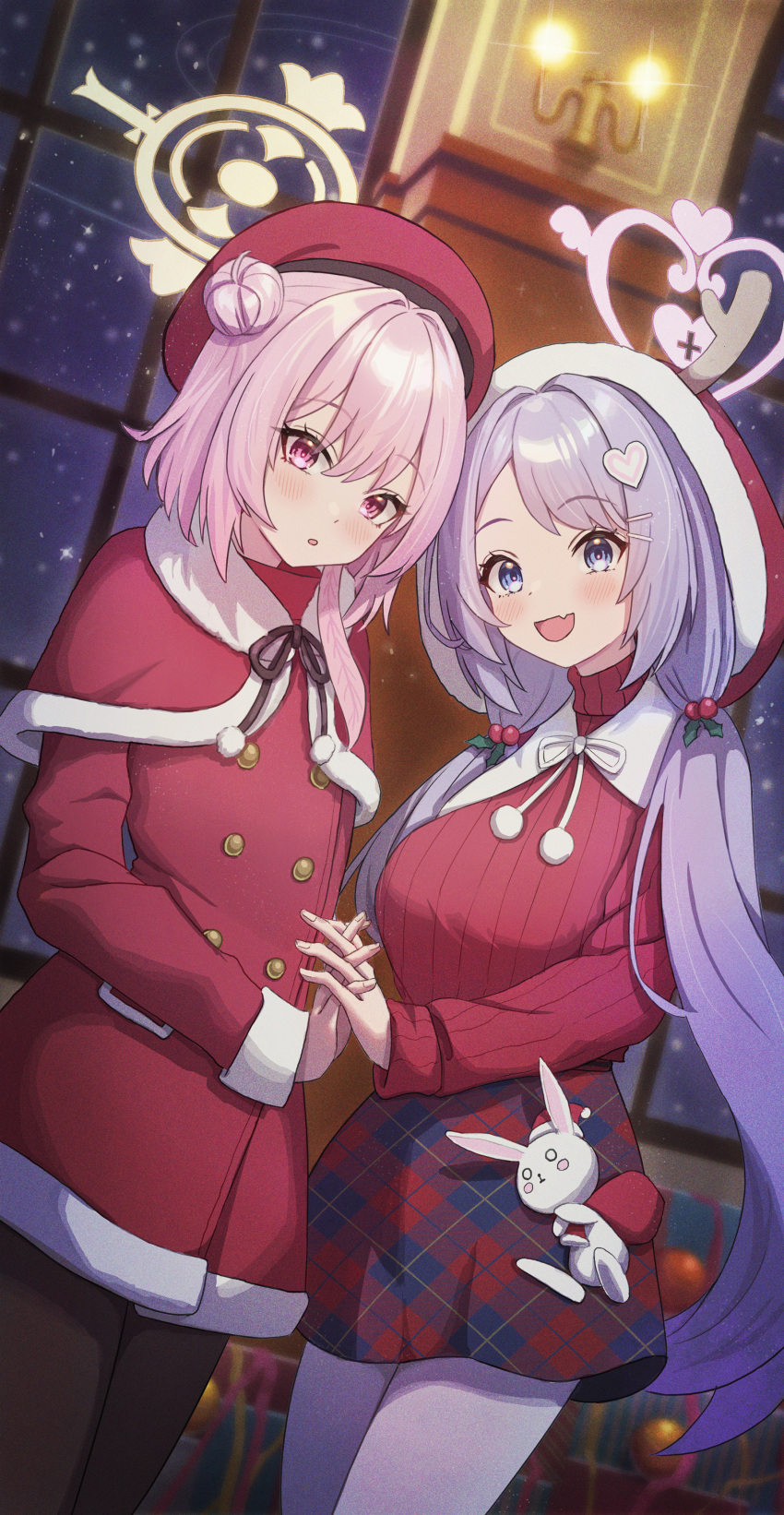 2girls :d absurdres black_pantyhose blue_archive blue_eyes blurry capelet christmas coat commentary_request depth_of_field fang hair_between_eyes hair_bobbles hair_bun hair_ornament hairclip halo hanae_(blue_archive) hanae_(christmas)_(blue_archive) heart heart_hair_ornament highres holding_hands icetea774 interlocked_fingers long_hair long_sleeves looking_at_viewer low_twintails medium_hair multiple_girls official_alternate_costume outdoors pantyhose parted_bangs pink_background pink_hair purple_hair rabbit red_capelet serina_(blue_archive) serina_(christmas)_(blue_archive) sidelocks single_side_bun skin_fang smile snowing twintails white_pantyhose winter_clothes winter_coat