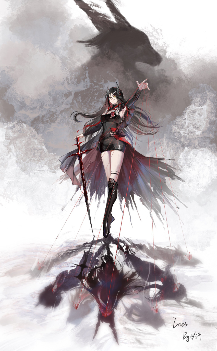 1girl absurdres arknights black_dress black_hair boots clothing_cutout demon_horns dress en_pointe full_body hand_up highres holding holding_string holding_sword holding_weapon horns ines_(arknights) knee_boots ling_nian_dolly long_hair shadow shoulder_cutout standing string sword tiptoes weapon