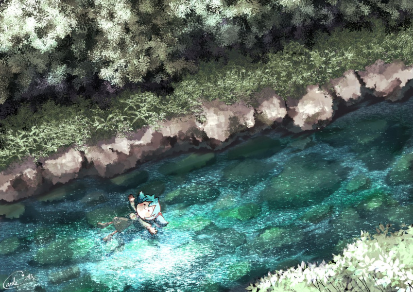1girl blue_hair blush_stickers carte closed_eyes day grass hair_bobbles hair_ornament kawashiro_nitori lake lying nature night on_back outdoors outstretched_arms river scenery short_hair sky smile solo touhou tree two_side_up water