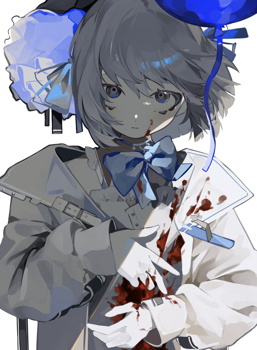 1girl :| absurdres blood blood_on_clothes blood_on_hands blue_bow blue_bowtie blue_eyes blue_headwear bow bowtie closed_mouth expressionless highres jacket long_sleeves looking_at_viewer original pale_skin shade short_hair simple_background solo toasu upper_body white_background white_hair white_jacket