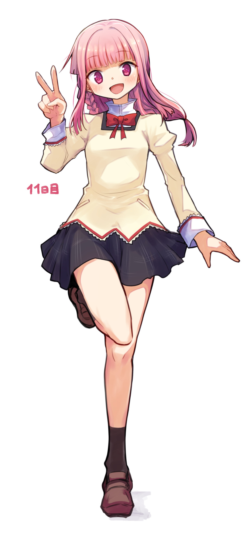 1girl :d absurdres arm_at_side black_skirt black_socks blunt_bangs blush bow bowtie braid brown_footwear collared_shirt damenano104 dot_nose hand_up highres juliet_sleeves leg_up loafers long_hair long_sleeves looking_at_viewer low-tied_long_hair low_ponytail magia_record:_mahou_shoujo_madoka_magica_gaiden mahou_shoujo_madoka_magica miniskirt mitakihara_school_uniform open_mouth pink_eyes plaid plaid_skirt pleated_skirt pocket puffy_sleeves red_bow red_bowtie school_uniform shirt shoes side_braid sidelocks simple_background skirt sleeve_cuffs smile socks solo standing standing_on_one_leg sweater tamaki_iroha v white_background white_shirt yellow_sweater