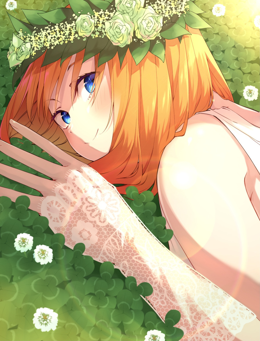 1girl bare_shoulders blue_eyes blush closed_mouth clover commentary dress elbow_gloves eyelashes eyes_visible_through_hair floral_print flower flower_wreath four-leaf_clover_day glass gloves go-toubun_no_hanayome green_flower green_rose hair_between_eyes hair_over_shoulder happy head_wreath highres leaf lens_flare looking_at_viewer looking_to_the_side lying medium_hair nakano_yotsuba on_grass on_stomach orange_hair rose see-through see-through_sleeves shiny_skin smile solo sparkling_eyes straight_hair tamago_sando upper_body wedding_dress white_dress white_flower white_gloves