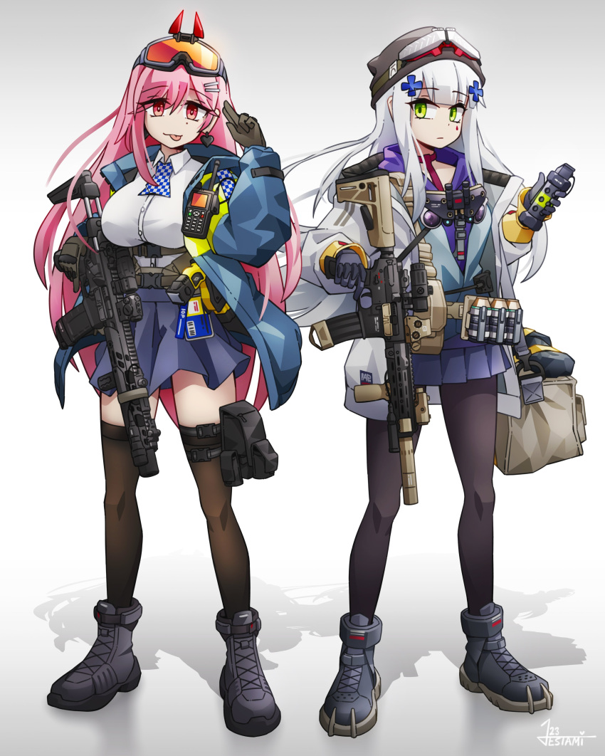 2girls absurdres assault_rifle beach black_footwear black_headwear blue_jacket blue_skirt breasts brown_gloves brown_pantyhose brown_thighhighs closed_mouth clukay_(girls'_frontline_nc) collared_shirt commentary dress_shirt earrings english_commentary facial_mark girls'_frontline_neural_cloud girls_frontline gloves goggles goggles_on_head goggles_on_headwear gradient_background green_eyes grey_background grey_gloves grey_hair grey_jacket grey_shirt gun h&amp;k_hk416 hair_between_eyes hair_ornament hairclip heart heart_earrings highres hk416_(girls'_frontline) holding holding_gun holding_weapon hood hood_down hoodie jacket jestami jewelry long_sleeves medium_breasts multiple_girls object_hug open_clothes open_jacket pantyhose pleated_skirt puffy_long_sleeves puffy_sleeves purple_hoodie red_eyes rifle shirt shoes sig_mcx_(girls'_frontline) sig_sauer_mcx skirt thigh-highs weapon white_background