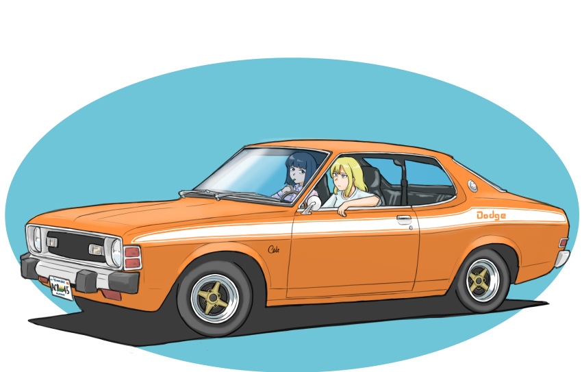 2girls absurdres blonde_hair blue_eyes blue_hair car collared_shirt cup dodge_colt drinking_straw drinking_straw_in_mouth driving highres holding holding_cup long_hair long_sleeves looking_ahead looking_to_the_side motor_vehicle multiple_girls muscle_car omochi_(ricecake9322) original pink_shirt shadow shirt short_hair short_sleeves t-shirt vehicle_focus white_shirt