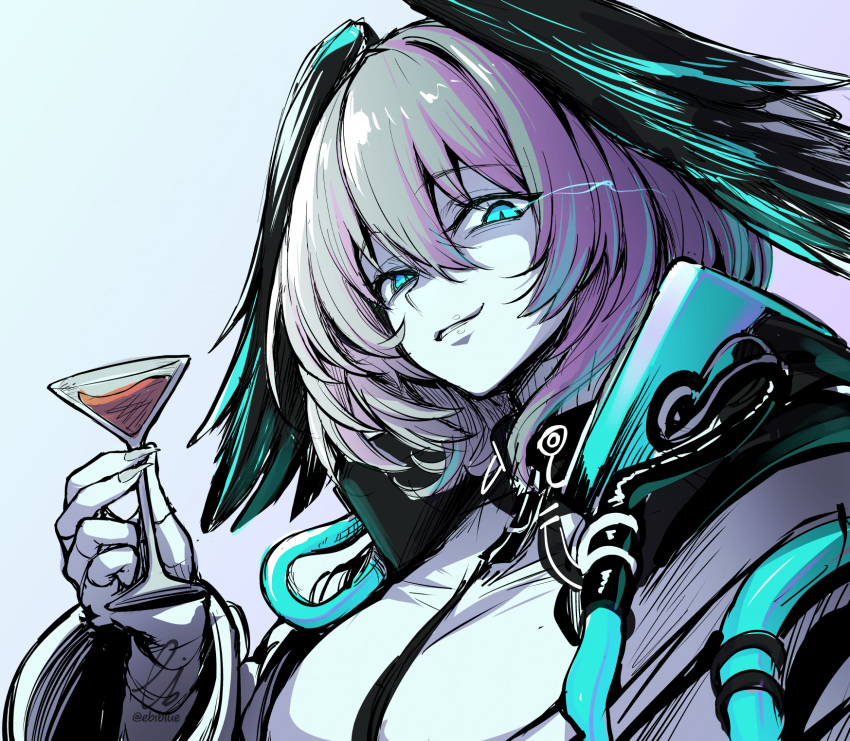 1girl arknights blue_eyes breasts cup drink drinking_glass ebiblue evil_smile fingernails gradient_background grey_background grey_hair head_wings highres ho'olheyak_(arknights) holding holding_cup large_breasts long_fingernails looking_at_viewer parted_lips sharp_fingernails short_hair smile solo upper_body