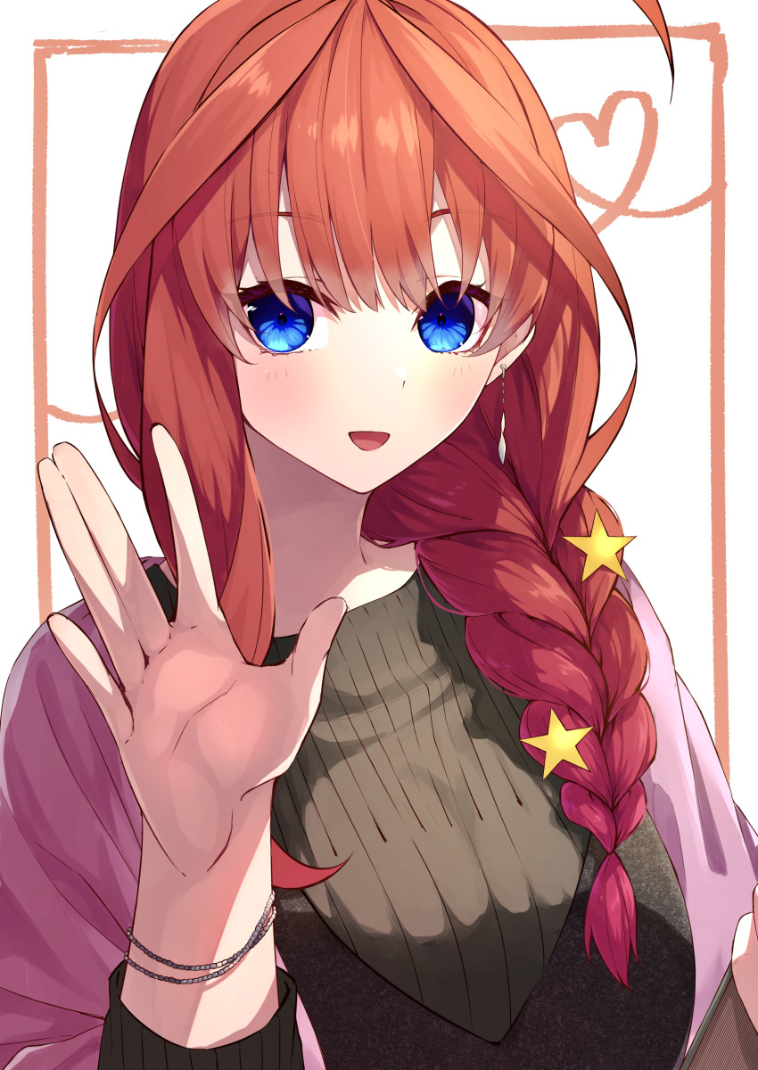 1girl :d \||/ absurdres ahoge alternate_costume alternate_hairstyle blue_eyes blush braid casual commentary earrings eyelashes eyes_visible_through_hair go-toubun_no_hanayome hair_between_eyes hair_ornament hand_up heart highres jewelry long_hair looking_at_viewer nakano_itsuki open_hand open_mouth redhead sidelocks simple_background single_braid smile solo star_(symbol) star_hair_ornament straight-on tamago_sando upper_body waving white_background